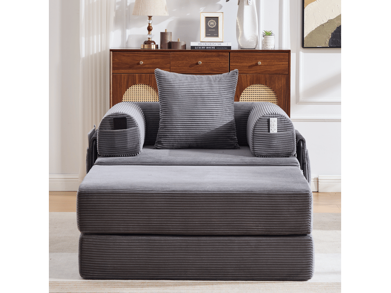  Fauteuil convertible 1 place 112x95 cm – gris foncé – velours côtelé, pochette latérale et coussin assorti  - Conforama B