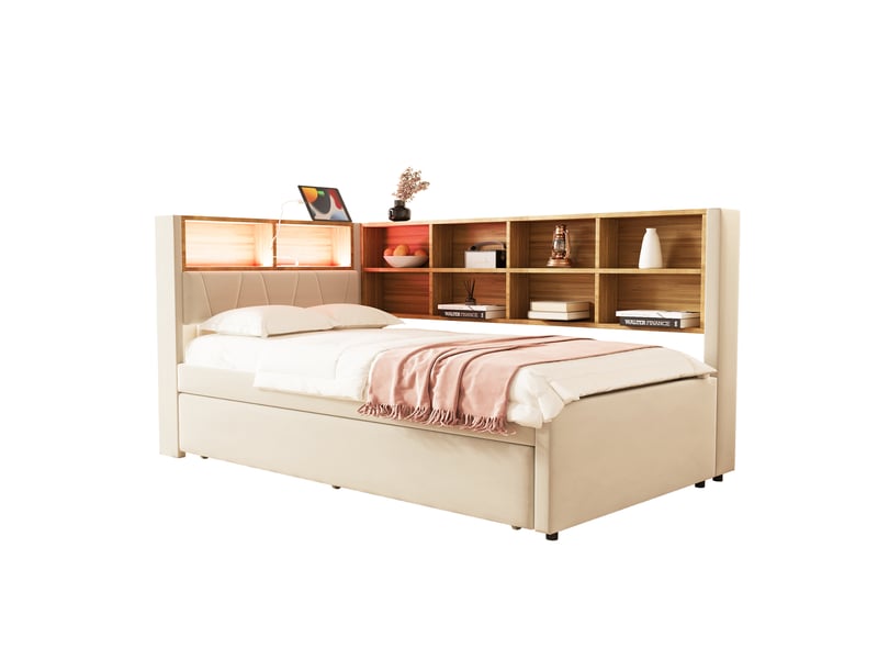  Lit enfant gigogne 90 x 200 cm + 90 x 190 cm led usb-c et prise secteur multiple flanelle beige sans matelas  - Conforama A