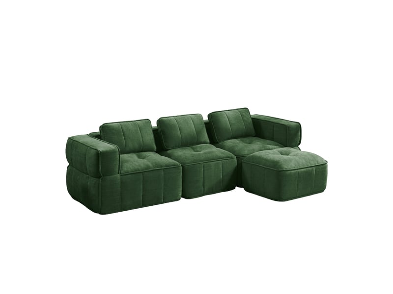 Canapé d'angle modulable 3 places avec pouf, canapé vert sans cadre à assise profonde pour salon, mousse 32d haute densité - Conforama W
