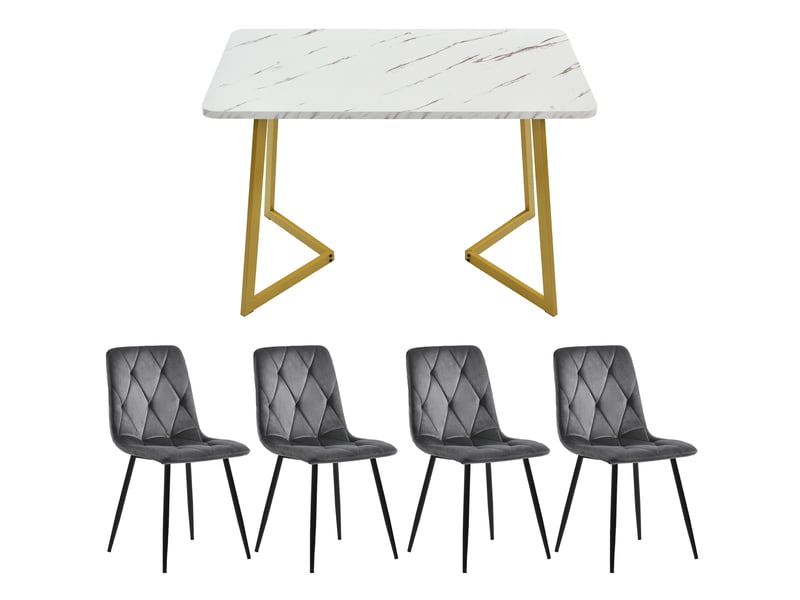  Ensemble table à manger avec 4 chaises, table rectangulaire 117 x 68 cm, plateau blanc effet marbre et pieds dorés  - Conforama E