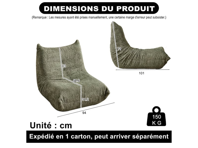  Canapé chenille fauteuil de sol lounge sans accoudoirs mousse  - Conforama C