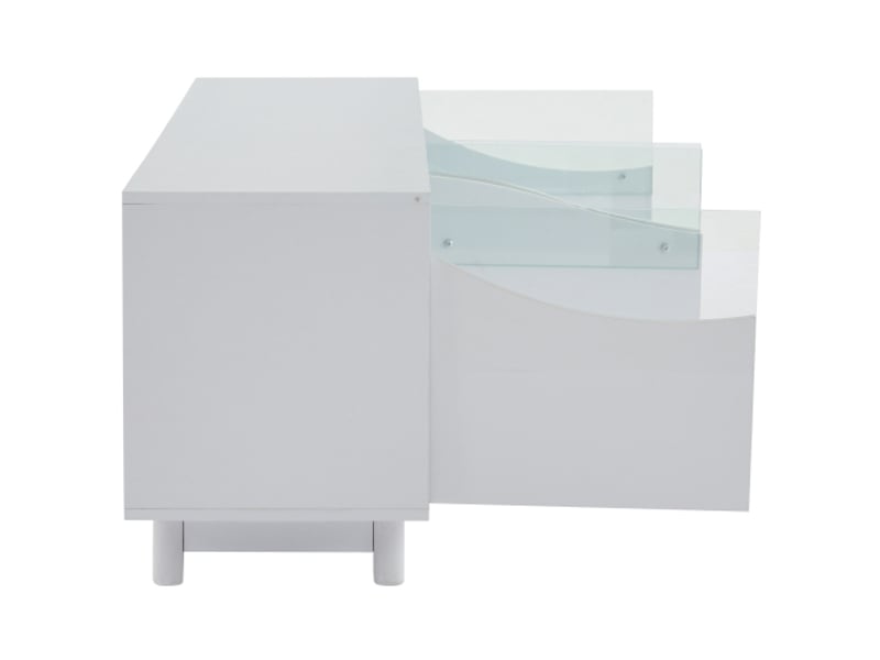  Meuble tv incurvé blanc brillant, porte en verre trempé, éclairage led – salonchambre – 175×38×51 cm  - Conforama E