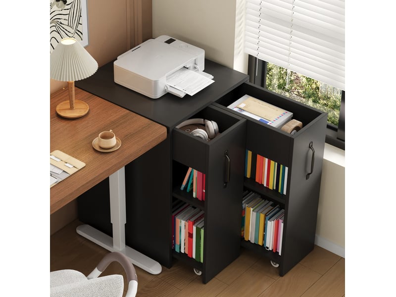  Petite bibliothèque sur roulettes 52x50x75 cm, meuble salon et bureau, style moderne, grande capacité, aggloméré, noir  - Conforama B