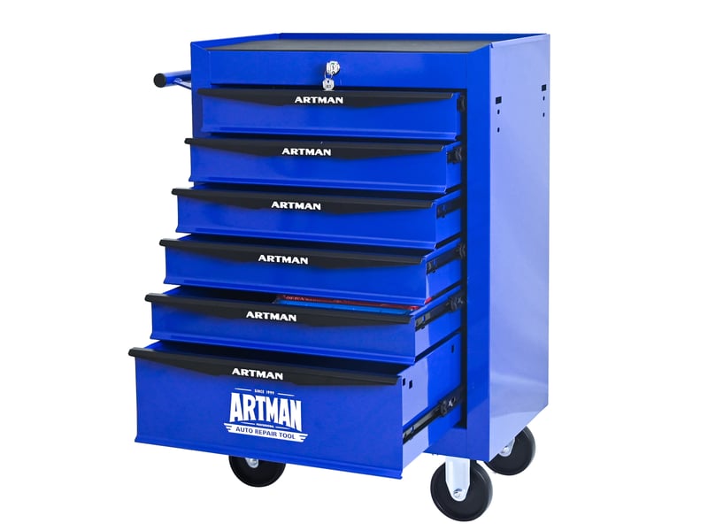 Armoire à outils mobile 60 x 33 x 77,5 cm noir et bleu, acier, 6 tiroirs avec serrure à clé et roulettes freinées - Conforama D