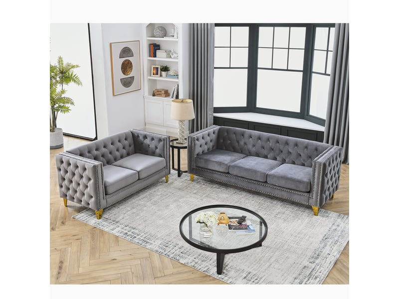  Canapé moderne - canapé en velours de style chelsfield, avec pieds dorés, boutons capitonnés, mousse + ressorts, réf. W3349s00171  - Conforama A
