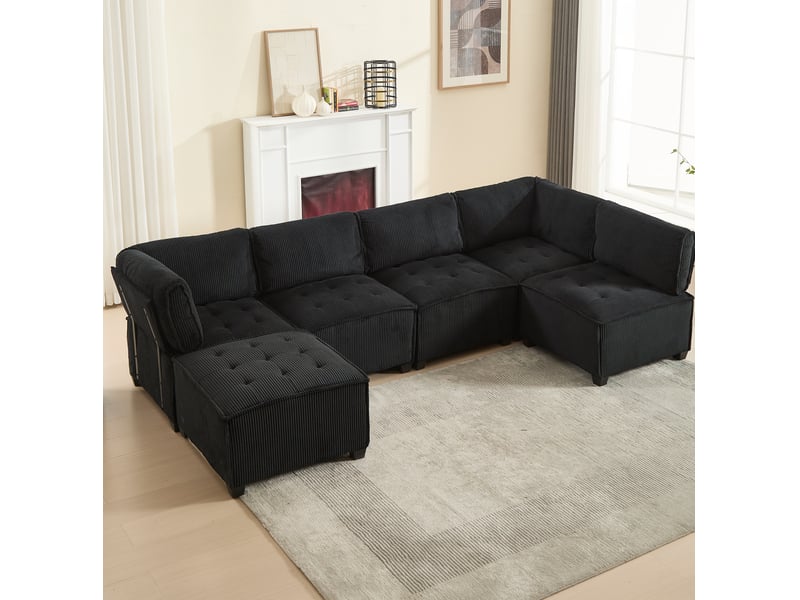 Canapé modulable tcqpz 6 places 308 x 154 x 82 cm convertible velours côtelé noir - Conforama B