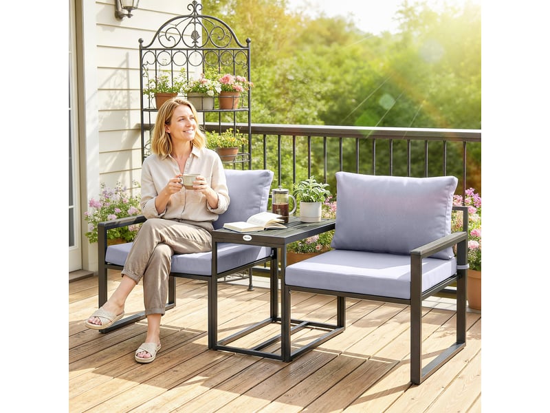  Ensemble de jardin 3 pièces comprenant une table et deux chaises avec assise et coussins en textilène, gris  - Conforama D
