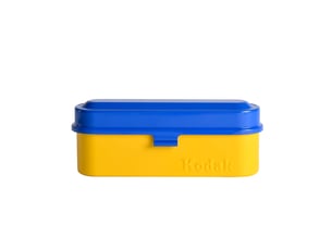 Kodak film case (135) - boîtier compact en acier pour 5 rouleaux de film 135 mm, capot amovible, design années 70, protection poussière et humidité - bleu