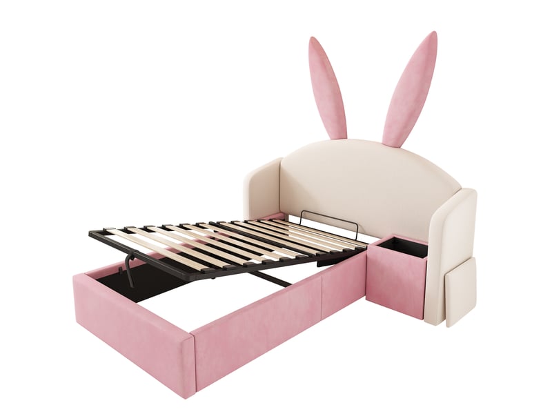  Lit enfant avec rangement 90 x 190 cm, coffre hydraulique et table de chevet intégrée, velours beige et rose  - Conforama D