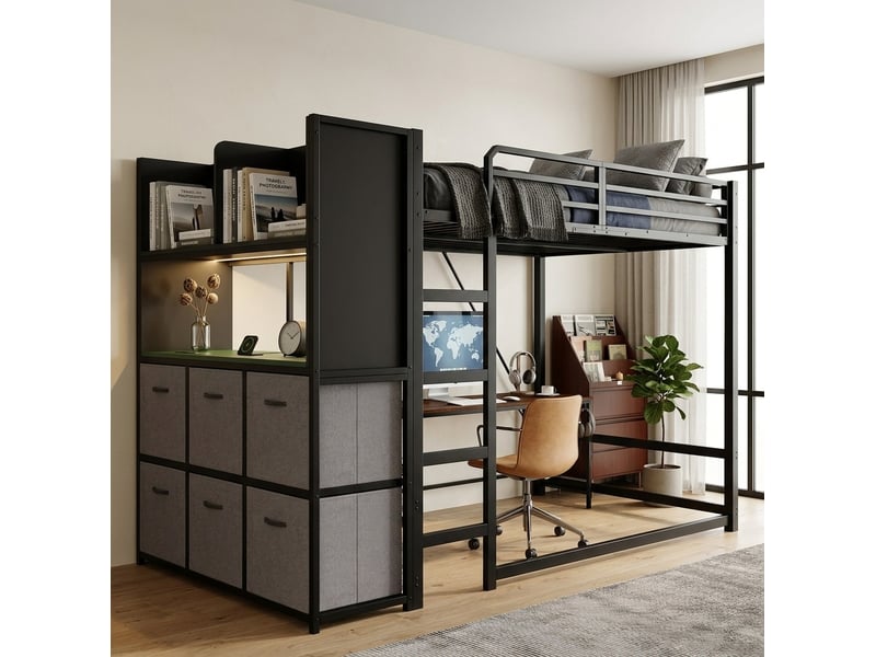  Lit mezzanine 120x200 cm en métal noir avec rangements, éclairage et prises usb  - Conforama D