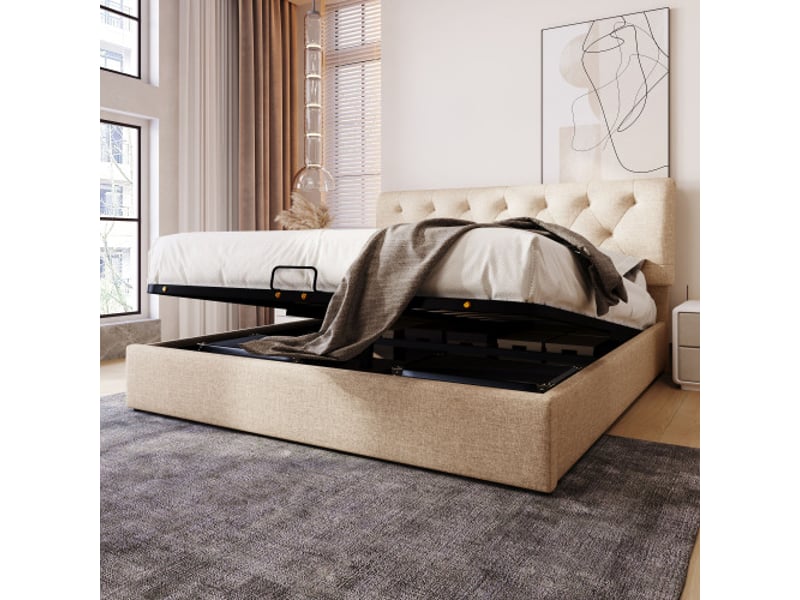  Lit 160x200 cm avec coffre hydraulique, tête de lit réglable, sommier métallique, cadre contemporain naturel  - Conforama E