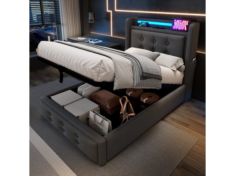 Lit coffre 90 x 200 cm - lit simple avec fonction charge usb et tête led - bois, coton, métal - sans matelas - gris - Conforama B