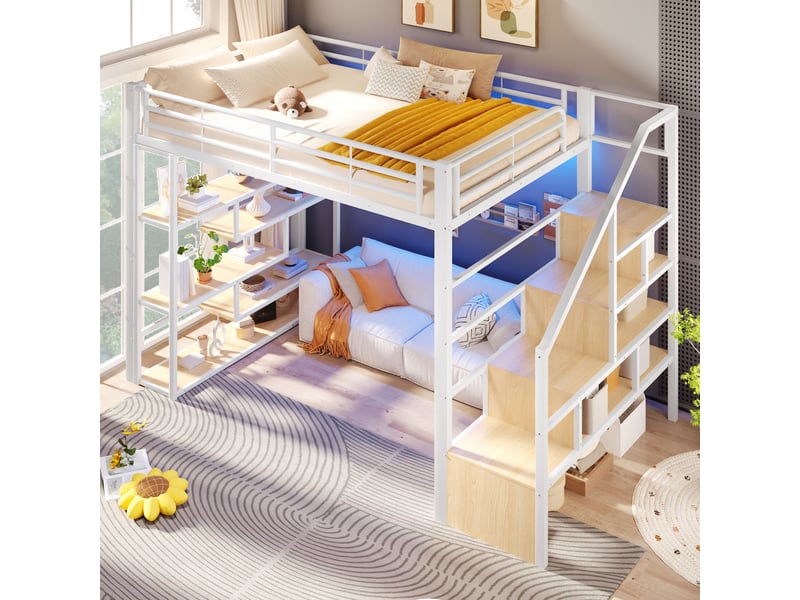  Lit surélevé 140 x 200 cm blanc, marches intégrées, garde-corps, led, rangement sous lit, métal et mdf, sans matelas  - Conforama C