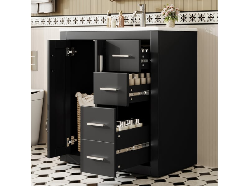  Meuble vasque sur pieds 76 x 46,5 x 85,5 cm – noir – 3 tiroirs, double porte et vasque intégrée  - Conforama B