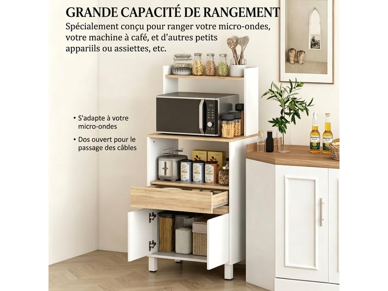  Buffet de cuisine blanc 60 cm avec tiroir, portes et étagères ouvertes, meuble micro-ondes  - Conforama D