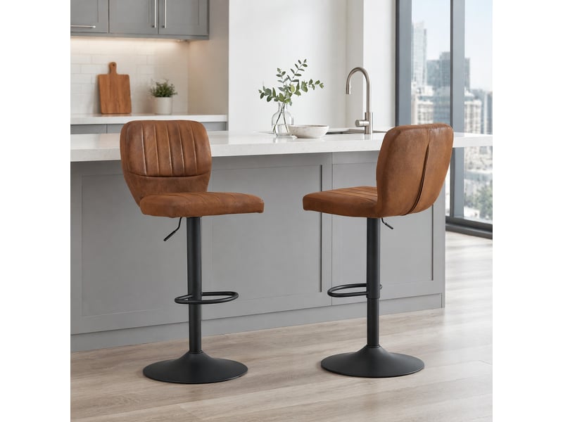 Tabouret de bar pivotant avec hauteur réglable, dossier et repose-pieds, en simili cuir marron et métal noir - Conforama D