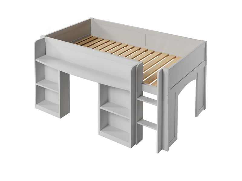  Lit mi-hauteur enfant 90x200cm, bibliothèque intégrée, étagères ouvertes, led multicolore, espace de jeu, mdf et pin - gris  - Conforama E