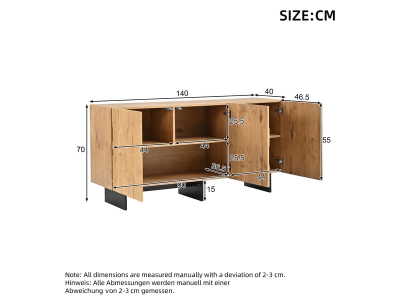  Buffet de rangement 140x40x70 cm, 3 portes push-to-open, mdf coloris naturel  - Conforama E