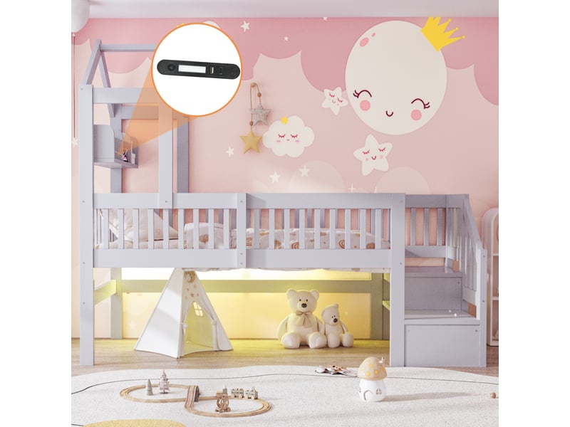  Lit mi-hauteur enfant 90x200 cm avec toit, échelle à rangements, barrières, étagère, veilleuse usb et led, lit cabane en bois avec sommier, gris OPULERANE TRADING LTD - Conforama E