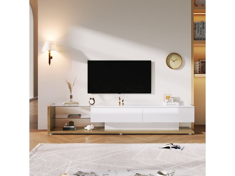  Meuble tv bas 180 cm blanc brillant et effet bois - étagères verre et led - rangement moderne  - Conforama B