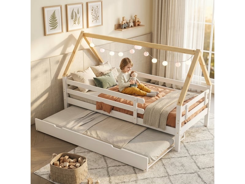  Lit en bois blanc et naturel 90x200 cm  - Conforama D