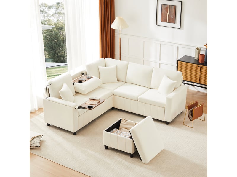  Canapé d'angle convertible 4 places 205 x 205 x 85 cm en chenille avec pouf coffre, lampe, usb-c et table rabattable - beige Fay Lum - Conforama D