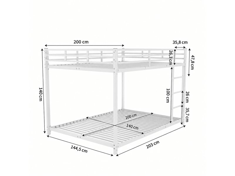  Lit superposé enfant 140 x 200 cm en métal blanc, avec sommiers à lattes et barrières, pour chambre partagée  - Conforama C