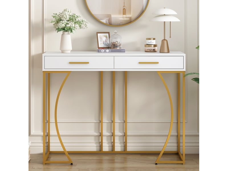  Table console avec 2 tiroirs 110 x 32 x 85 cm en mdf et métal blanc et doré  - Conforama E
