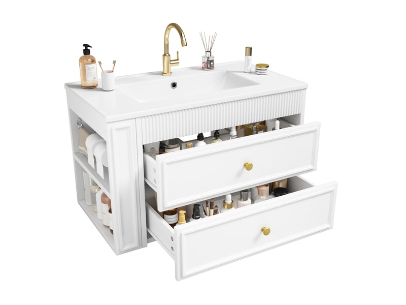  Meuble vasque suspendu 81 x 47 cm - blanc brillant - 2 tiroirs, rangement lateral et vasque ceramique  - Conforama A