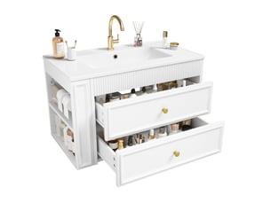 Meuble vasque suspendu 81 x 47 cm - blanc brillant - 2 tiroirs, rangement lateral et vasque ceramique