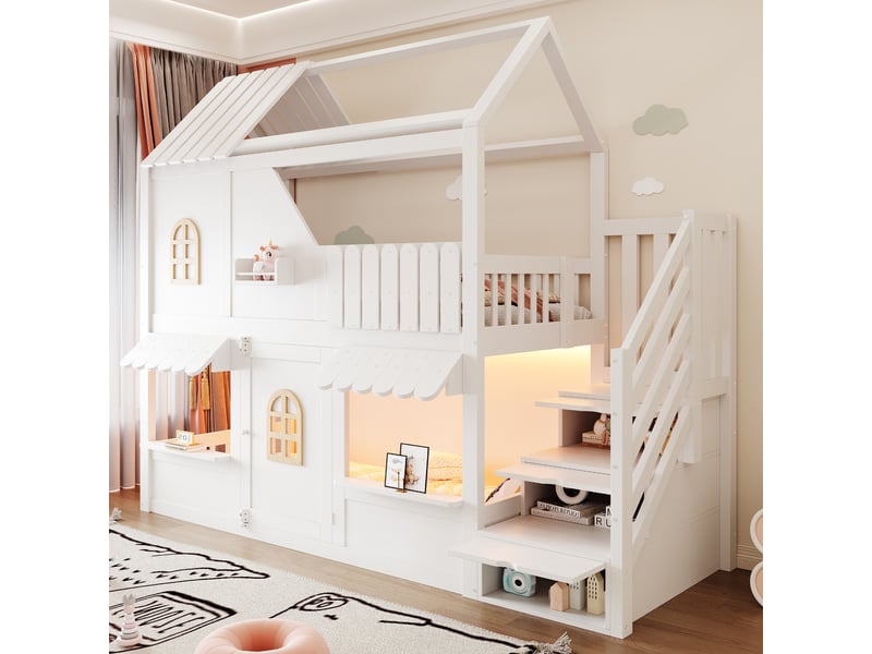 Lit superposé cabane 90x200 cm, lit enfant maison avec toit, led, échelle avec rangement et étagères, bois blanc Radiant Stride - Conforama D