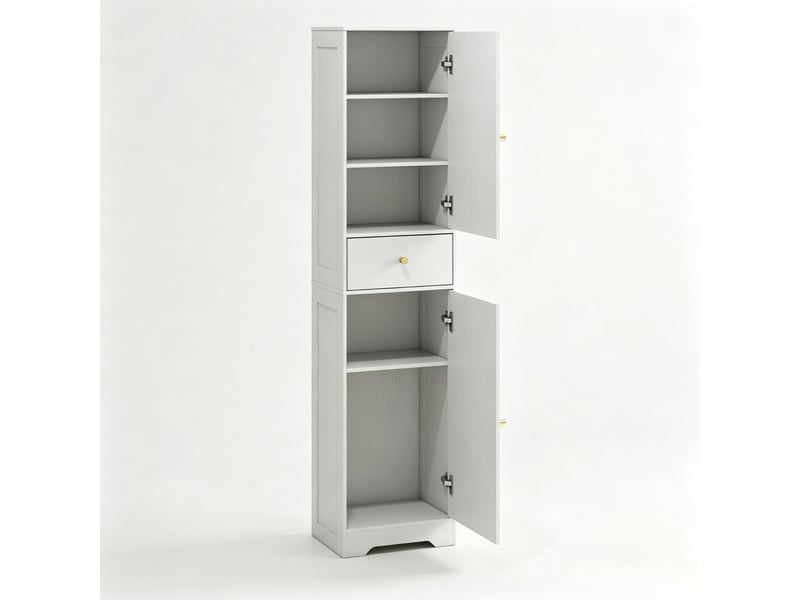  Armoire haute de salle de bain 40 x 29,5 x 170 cm rangement à deux placards et tiroir étagère réglable sur trois positions panneau de particules finition blanche portes à panneaux cintrés poignées dorées  - Conforama A