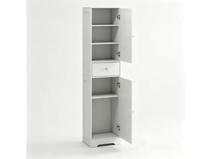 Armoire haute de salle de bain 40 x 29,5 x 170 cm rangement à deux placards et tiroir étagère réglable sur trois positions panneau de particules finition blanche portes à panneaux cintrés poignées dorées