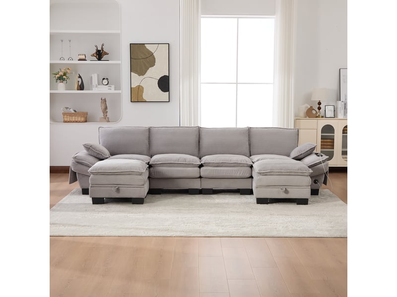 Canapé modulaire en velours - 4 places avec 2 poufs - velours côtelé doux - gris clair - dimensions 330x132x84cm - Conforama E