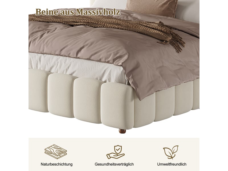  Lit double beige 200x200 cm en velours, pieds en bois massif, sommier à lattes et tête rembourrée à lignes verticales  - Conforama D