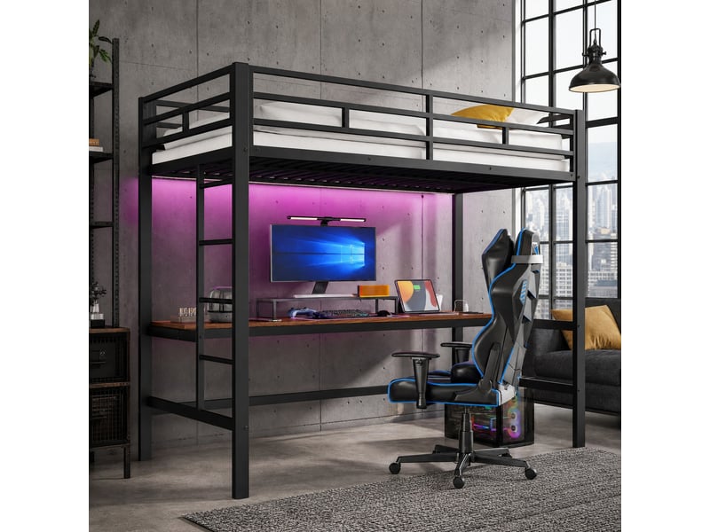 Lit mezzanine enfant 90 x 200 cm noir avec bureau, led, prises usb et type-c  - Conforama B