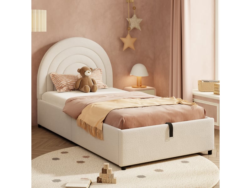  Lit enfant 90x200 capitonné beige - lit simple avec sommier, coffre hydraulique et tissu bouclette  - Conforama B