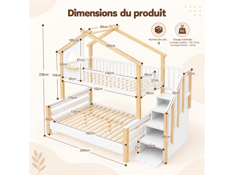  Lit superposé cabane 90x190120x190 cm avec escalier rangement Fay Lum - Conforama C
