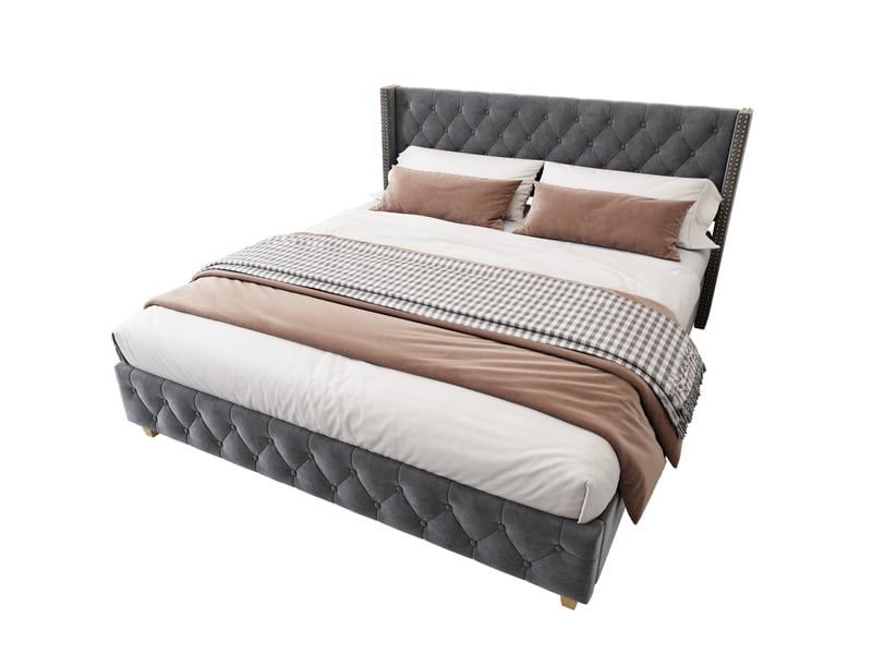  Lit 160x200 cm avec cadre à lattes, tête de lit, velours gris sans matelas  - Conforama D
