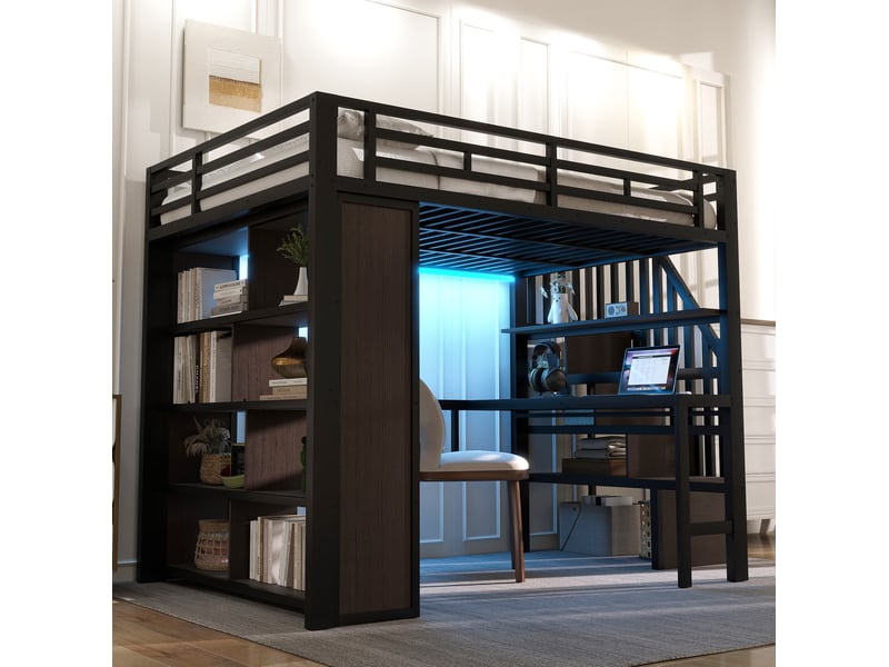  Lit mezzanine 140x200 cm en métal et mdf avec bureau, rangements et éclairage led noir  - Conforama E