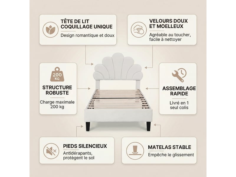  Lit enfant 90x200 cm, lit simple capitonné princesse avec tête de lit coquillage réglable, sommier, tissu velours beige  - Conforama C