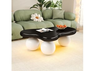 Table basse forme nuage 95x62,5x32 cm bande lumineuse, coins arrondis, gain de place, surface mate, mdf, noir et blanc