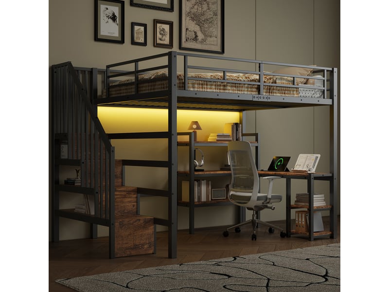 Lit mezzanine 140x200 cm avec éclairage led et station de recharge usb, lit double avec bureau, lit 2 personnes, noir - Conforama A