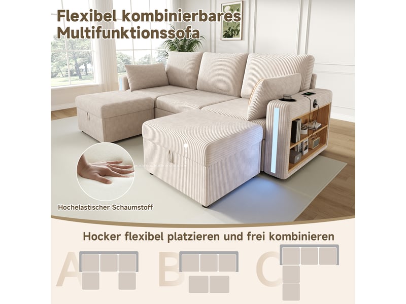 Canapé modulaire u ou l 5 places avec 2 poufs, led, usb et type-c - lpospi - rangements, velours côtelé beige - Conforama E