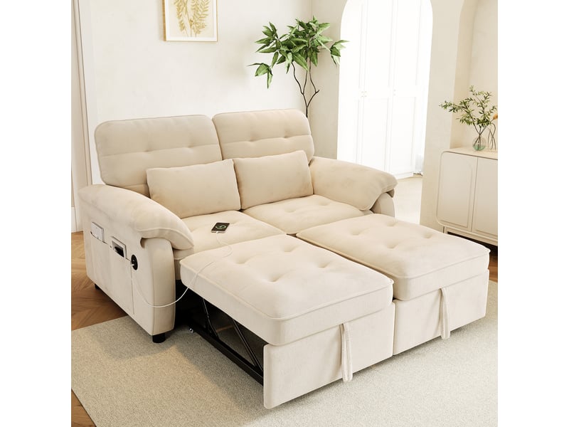  Canapé convertible 3 en 1, tissu chenille beige 2 places, lit pliant avec dossier réglable &amp; ports usb pour salon et chambre d'amis  - Conforama E
