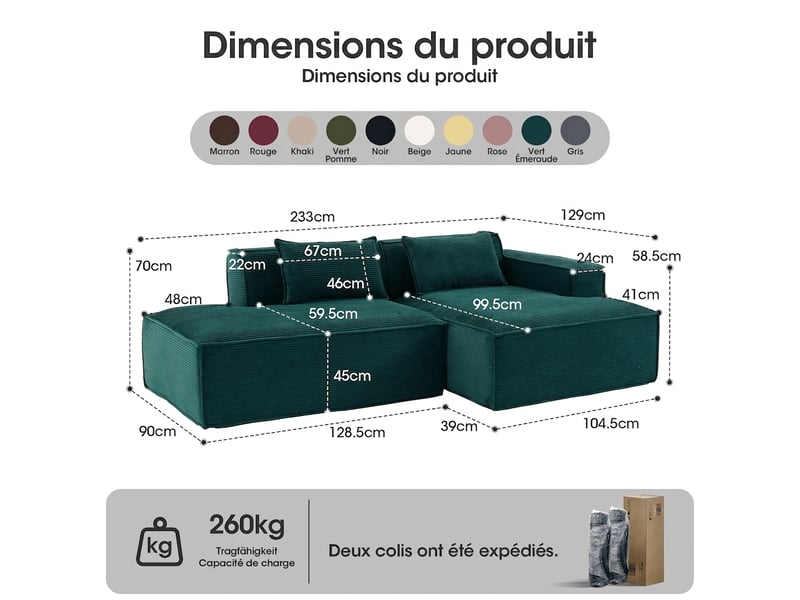  Canapé 2 places en tissu compact 235 cm vert rétro - assise souple et 2 coussins  - Conforama C