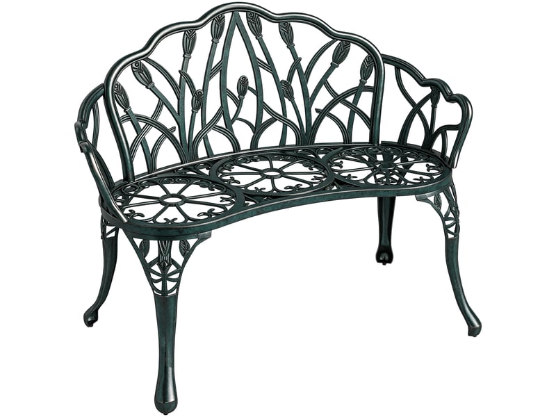  Banc de jardin en aluminium moulé, banc extérieur 2 places avec dossier tulipe, assise florale, 99x57x78cm, vert antique  - Conforama A