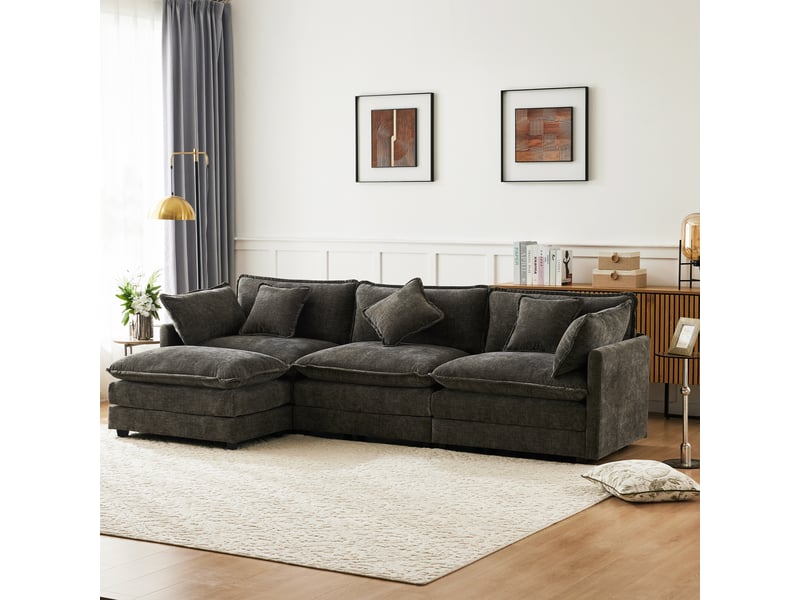  Canapé d’angle modulable en l 3 places avec méridienne, canapé en tissu chenille, assise double couche avec ressorts ensachés, coussins de soutien, idéal salon et chambre - gris  - Conforama B