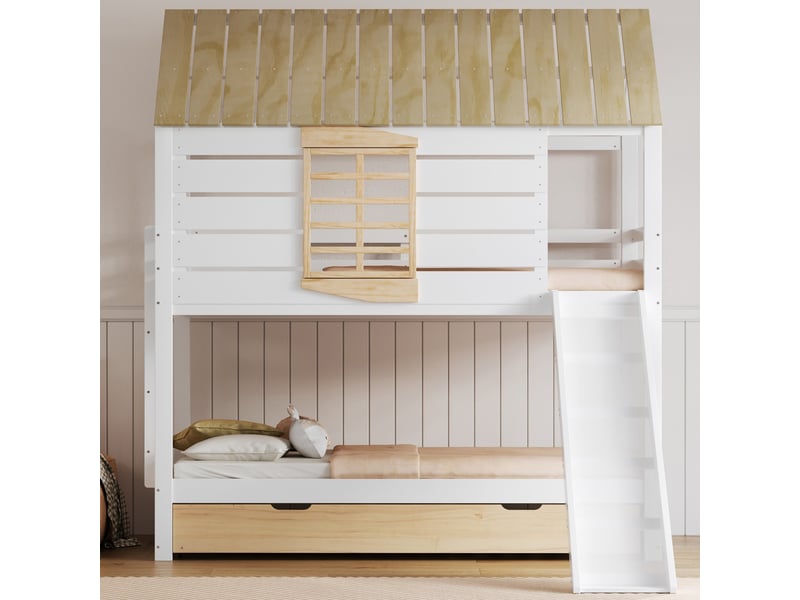  Lit superposé 90x200 avec toboggan et lit escamotable, blanc et naturel, en pin et mdf  - Conforama W