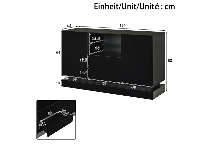  Buffet bas l140 x p40 x h80 cm en panneaux de particules avec led, 2 portes et 2 tiroirs noir chicfurn  - Conforama C